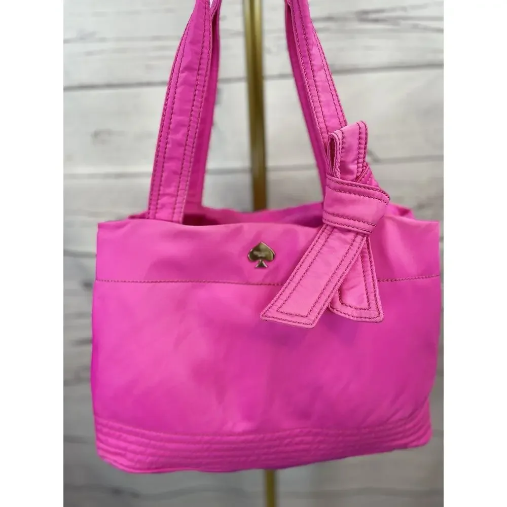 Kate Spade New York Hot Pink Nylon Tote Bag Bow Accent Shoulder Purse - Picture 6 of 13